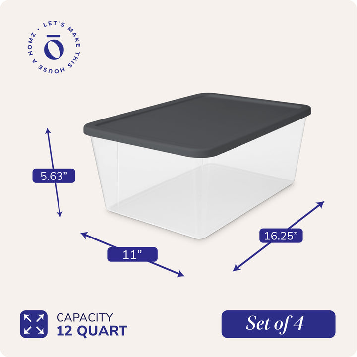 Homz 12 Qt Stackable Plastic Storage Container w/Snaplock, Gray (4pk) (Open Box) - VMInnovations