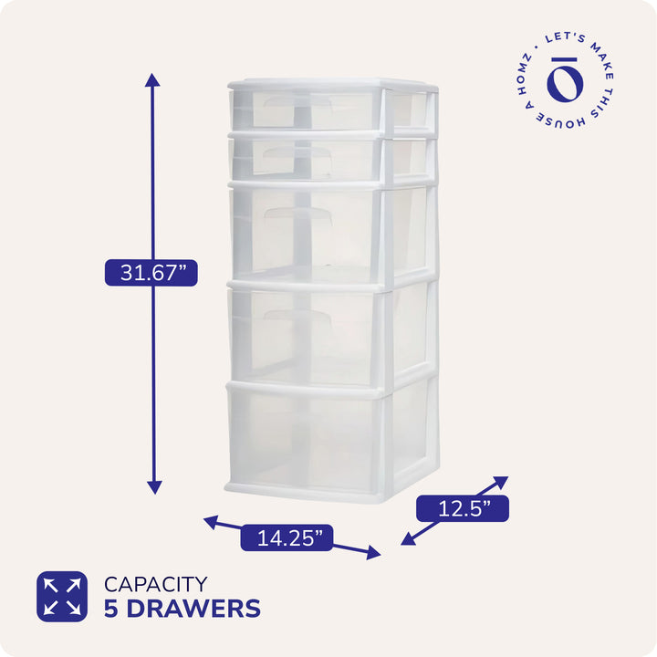 Homz Plastic 5 Drawer Medium Home Storage Cart, White Frame w/ Drawer (Open Box)