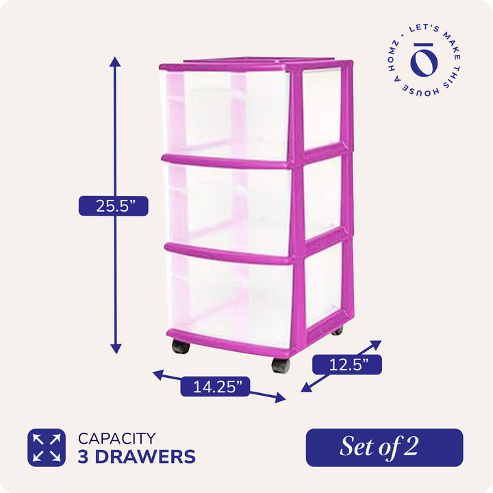 Homz Plastic 3 Drawer Medium Storage Container Tower, Purple Frame (2 Pack)