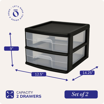 Homz Plastic 2 Drawer Medium Storage Cart, Black w/ Clear Drawer, 2pk (Open Box)