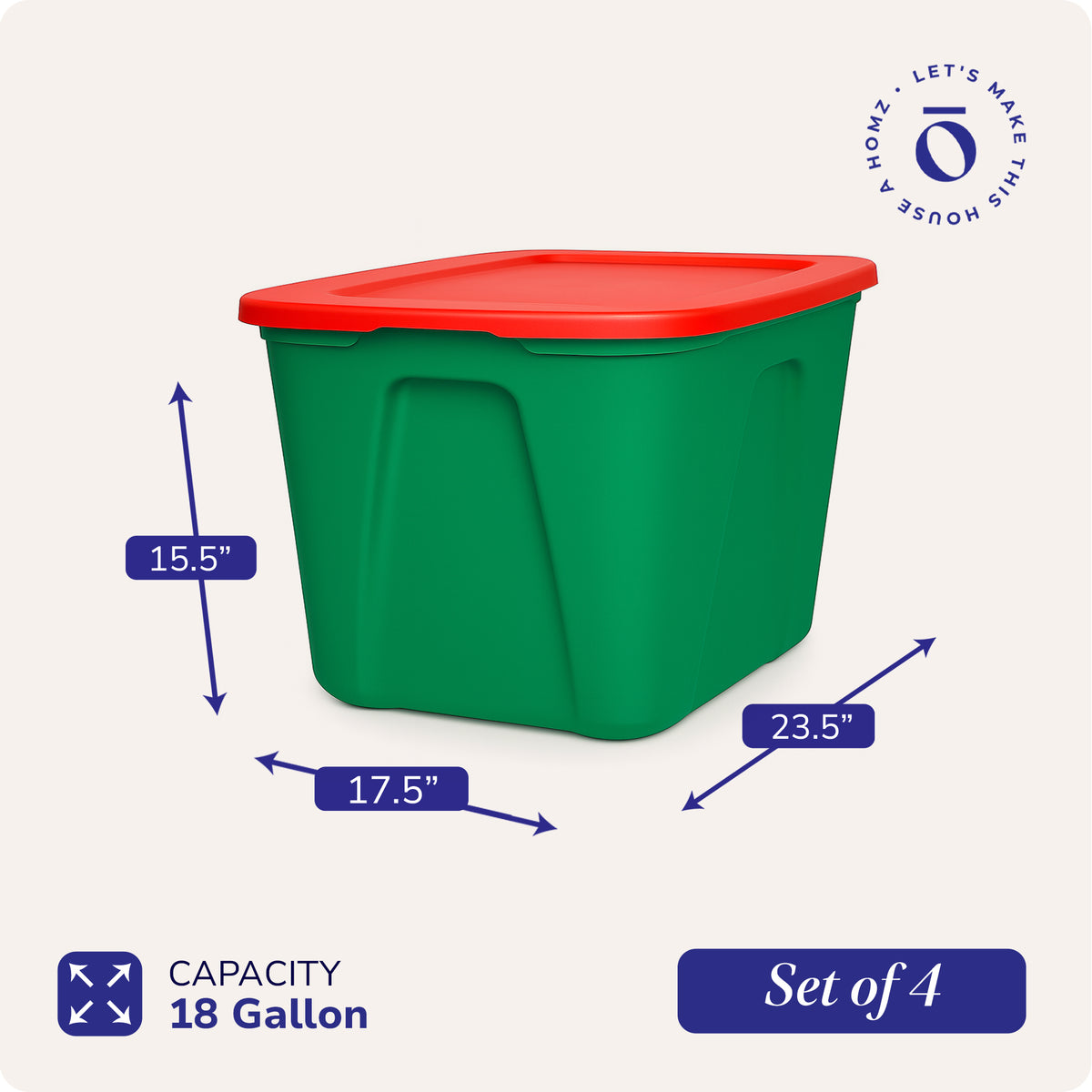 HOMZ 18 Gallon Heavy Duty Plastic Holiday Storage Totes, Green/Red (4 Pack)