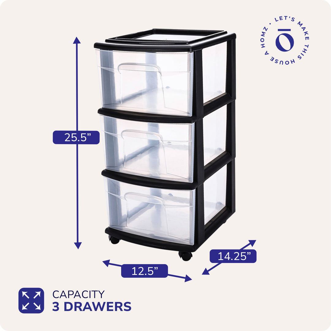 Homz Plastic 3 Drawer Medium Home Storage Container, Clear Drawers & Black Frame - VMInnovations