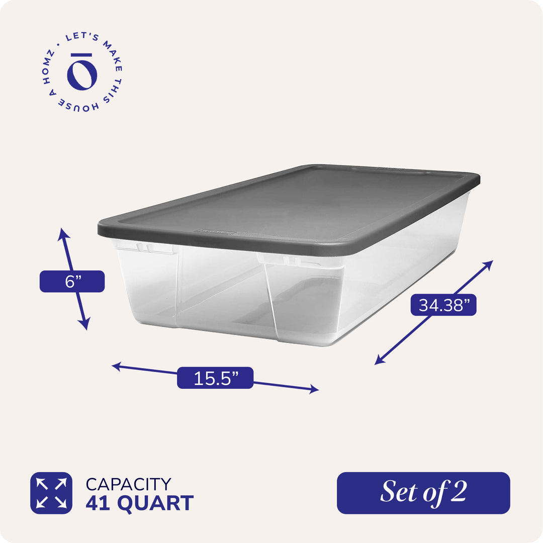 Homz 41 Quart Stackable Plastic Under Bed Storage Containers with Lid, (2 Pack)
