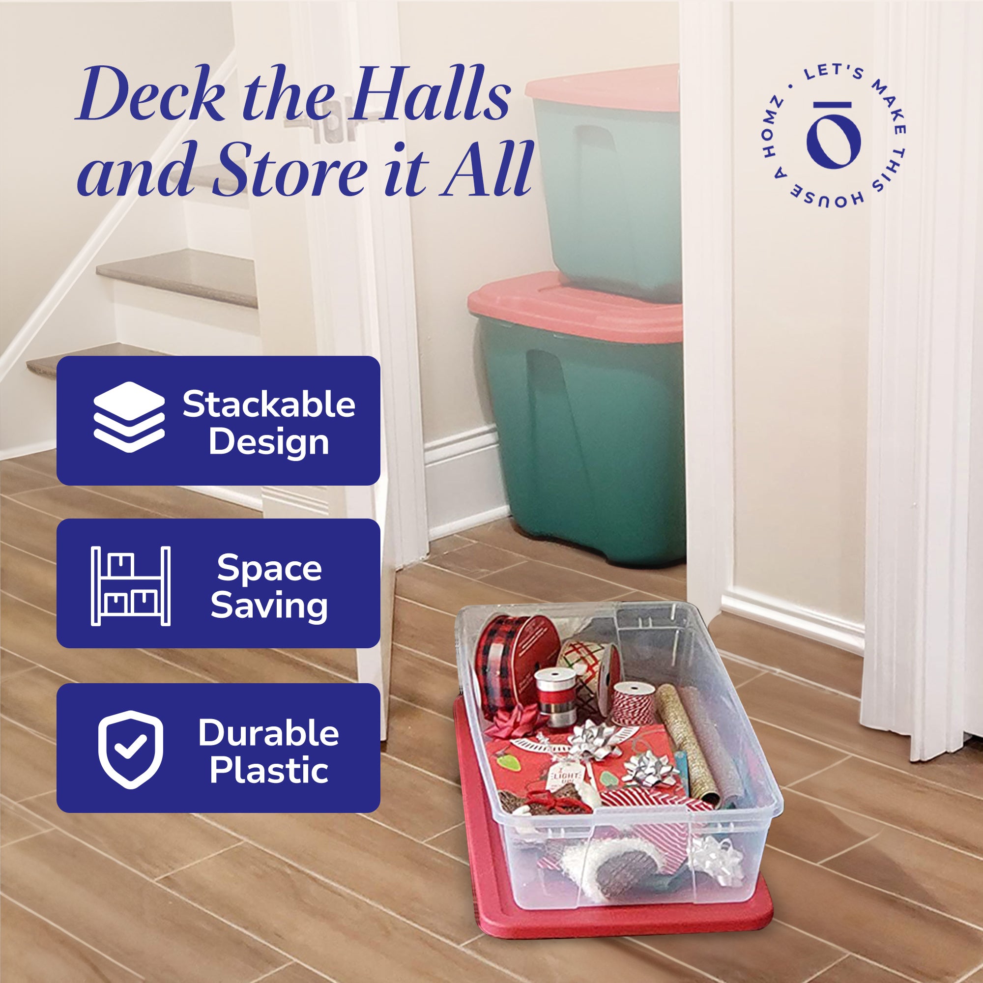 Homz 41Qt Clear Plastic Holiday Storage Container w/Red Snap Lock Lid,2Pk(Used) - VMInnovations