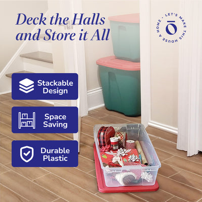 Homz 41Qt Clear Plastic Holiday Storage Container w/Red Snap Lock Lid,2Pk(Used) - VMInnovations