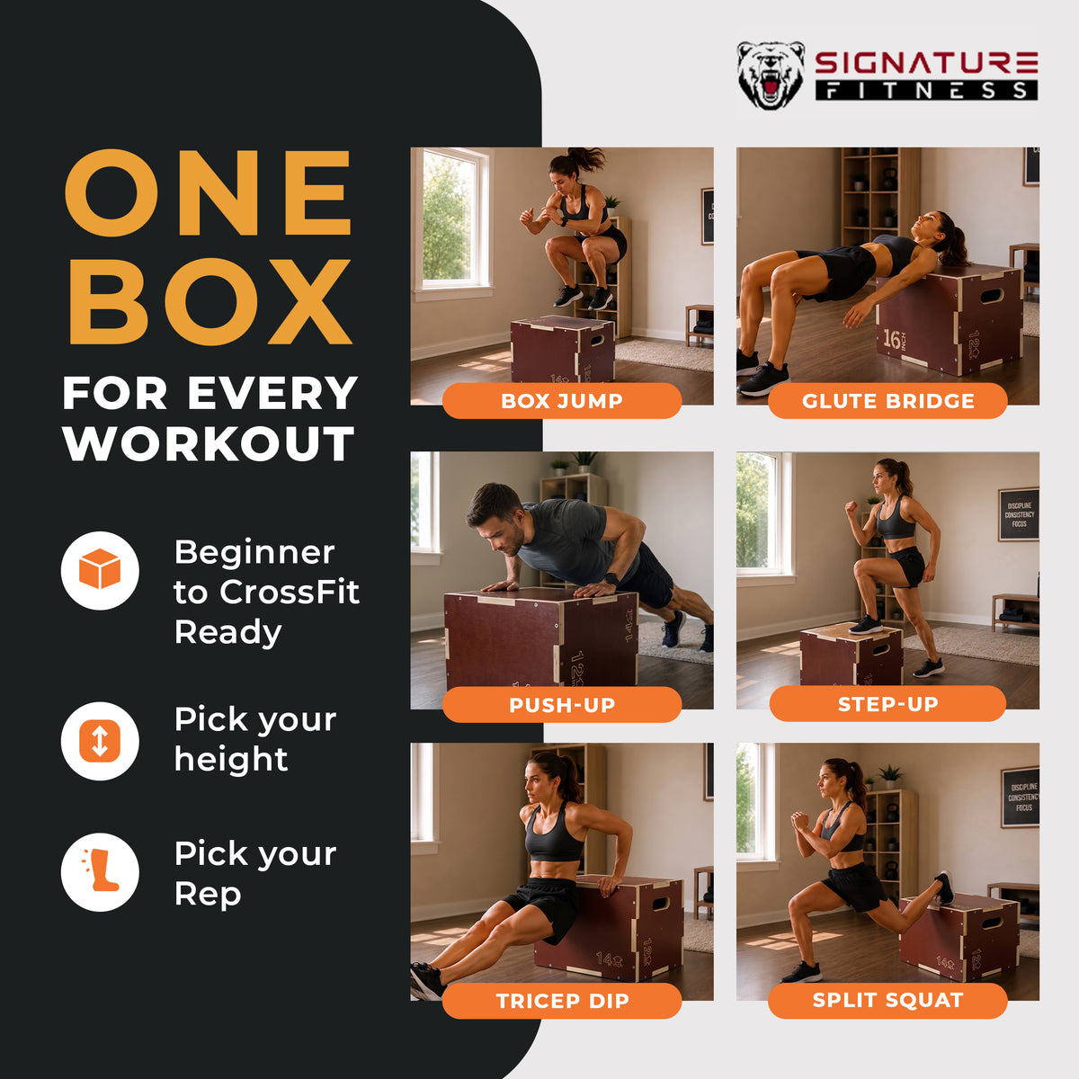Signature Fitness 16"x20"x24" Non-Slip Wooden Plyo Box Jump Exercise Platform