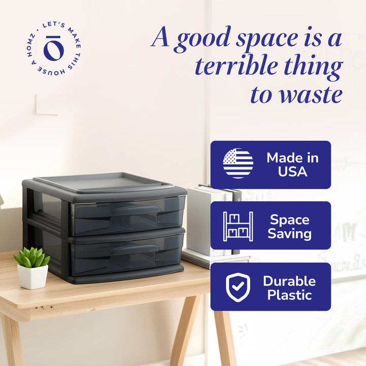 Homz Plastic 2 Drawer Medium Storage Cart, Black Frame with Smoke Drawer, 2 Pack