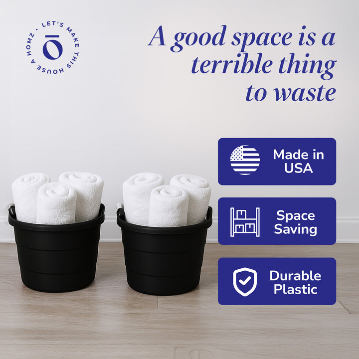 Homz 18 Gallon Plastic Utility Storage Bucket Tub w/ Rope Handles, Black, 4 Pack