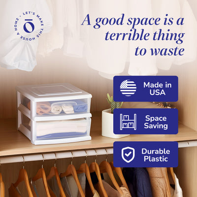 Homz Plastic 2 Drawer Medium Storage Cart, White with Clear Drawer 2pk(Open Box)