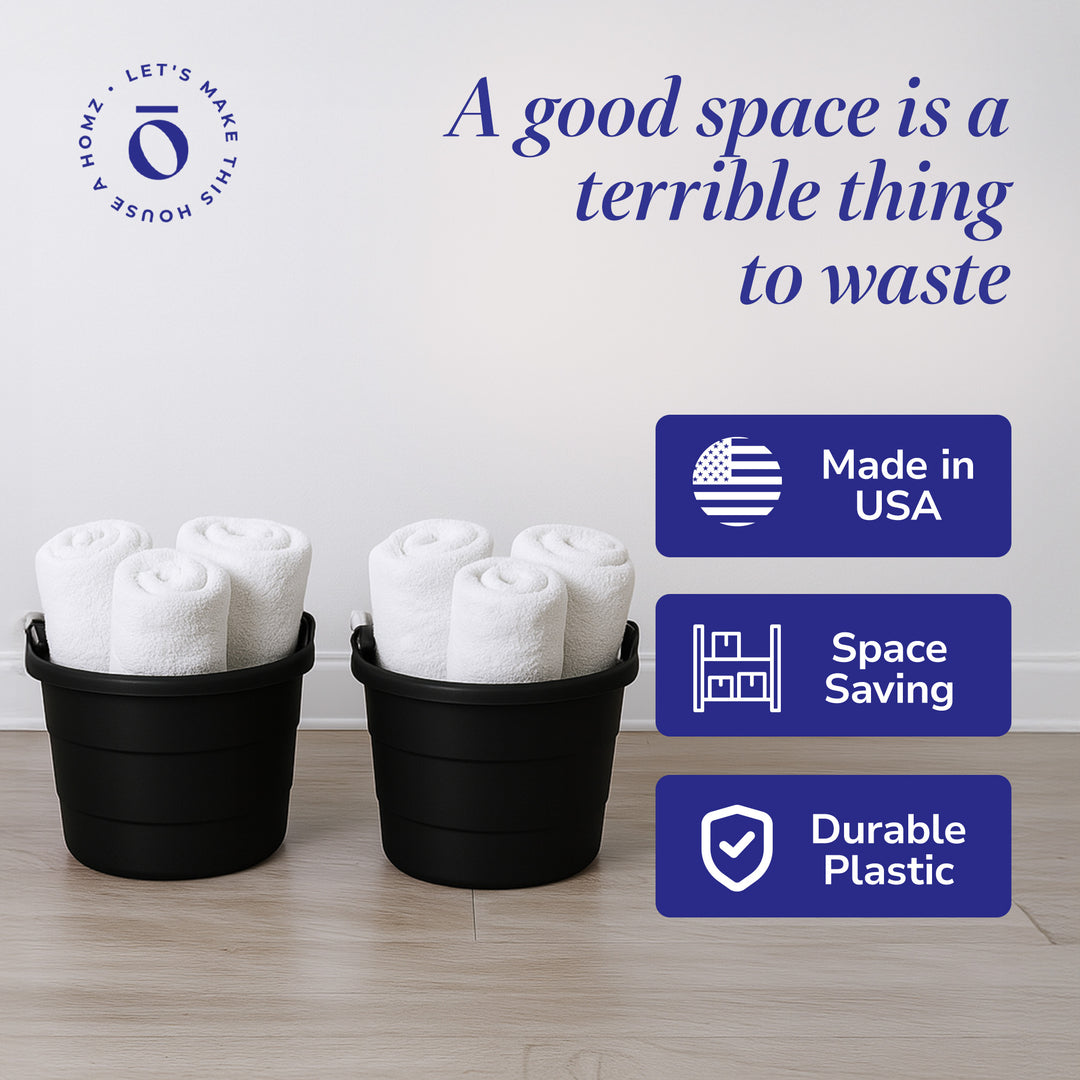 Homz 18 Gallon Plastic Utility Storage Bucket Tub w/ Rope Handles, Black, 4 Pack