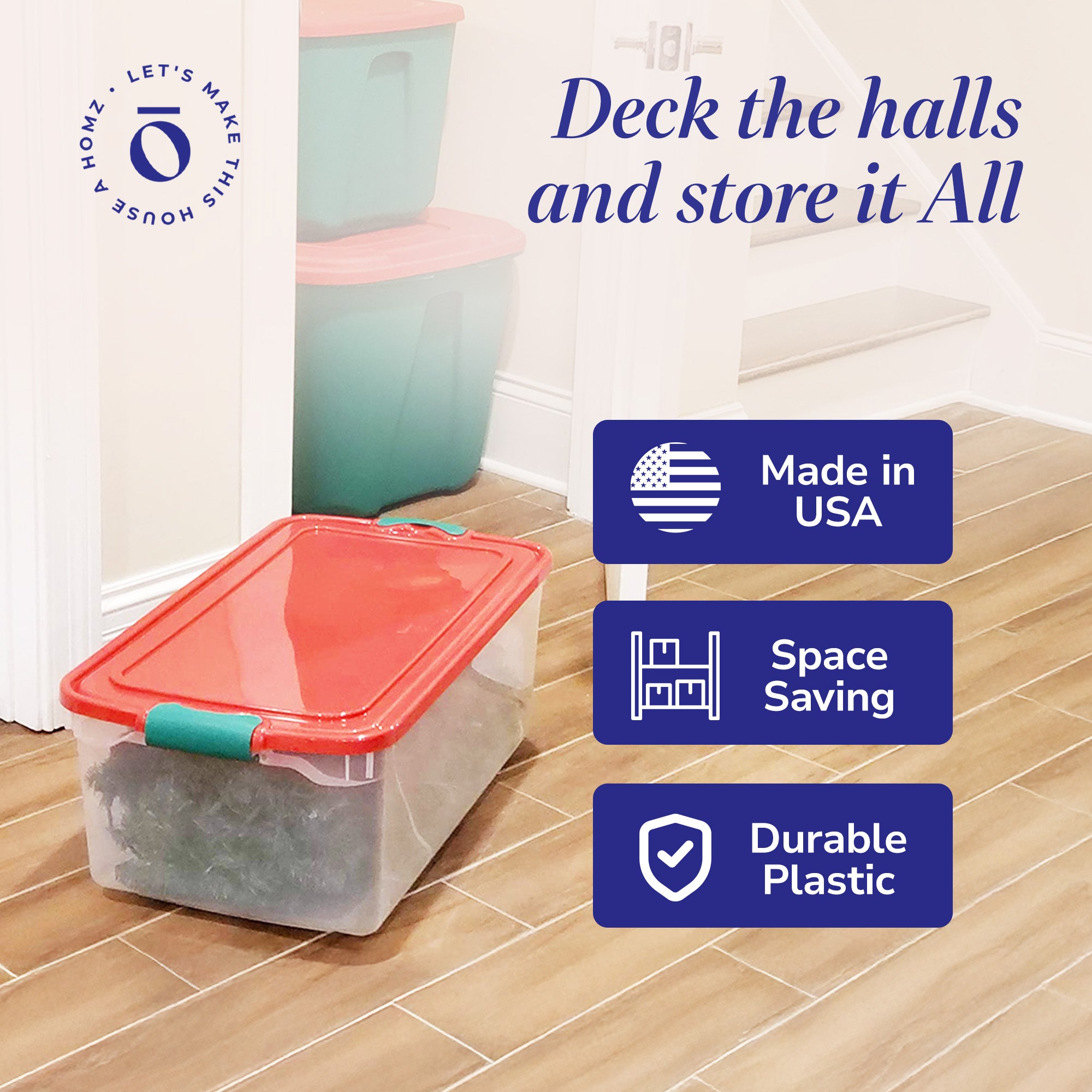 Homz 64 Qt Holiday Seasonal Decor Plastic Storage Bin with Latching Lid, 6 Pack