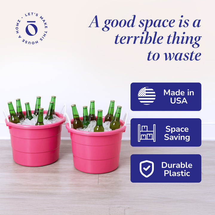 Homz Plastic 18 Gallon Utility Bucket Tub Container with Handles, Pink (2 Pack)