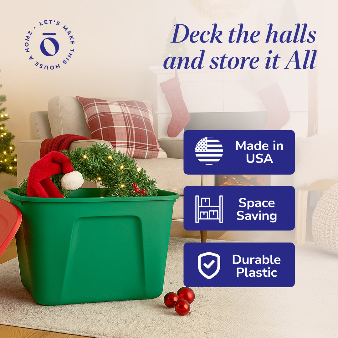 HOMZ 18 Gallon Heavy Duty Plastic Holiday Storage Totes, Green/Red (4 Pack) - VMInnovations