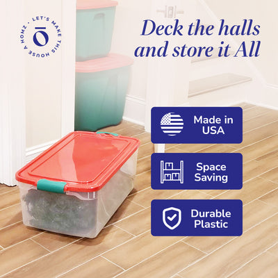 Homz 64 Qt Holiday Seasonal Decor Plastic Storage Bin with Latching Lid, 6 Pack