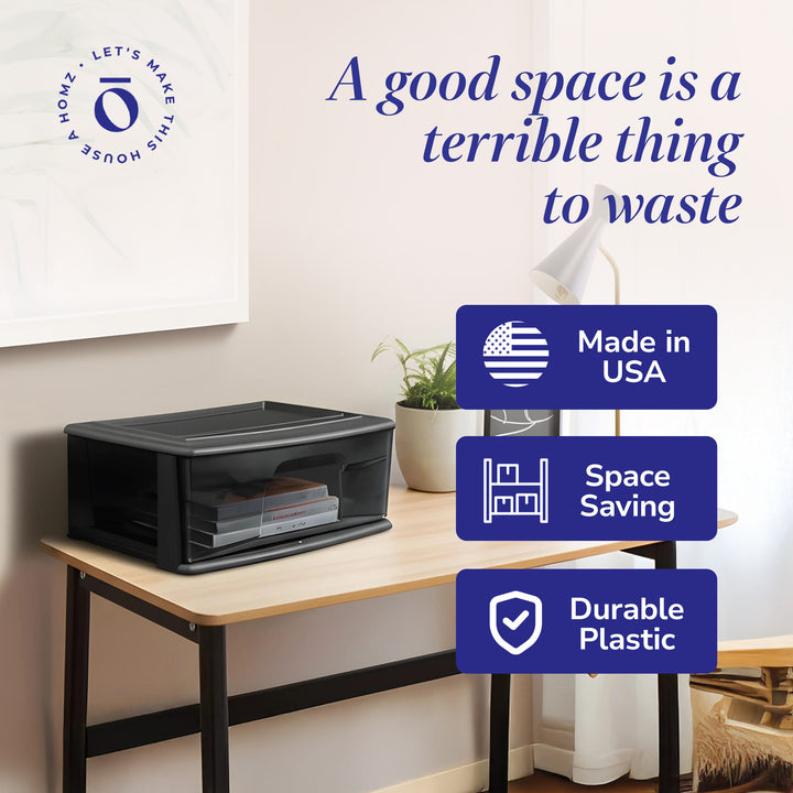 Homz Plastic 1 Drawer Wide Storage Cart, Black Frame with Smoke Drawer, 2 Pack