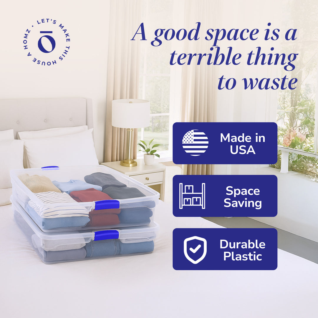 Homz 56 Quart Underbed Secure Latching Clear Plastic Storage Container, (2 Pack)