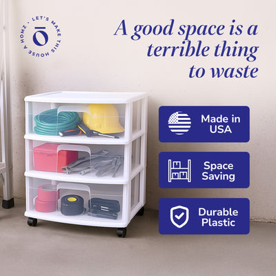 Homz Plastic 3 Clear Drawer Small Rolling Storage Container Tower, White Frame