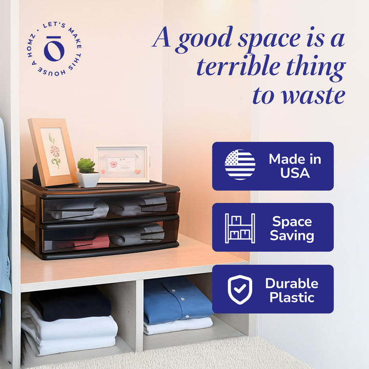 Homz Plastic 2 Drawer Wide Storage Cart, Black with Smoke Drawer, 2PK (Open Box)