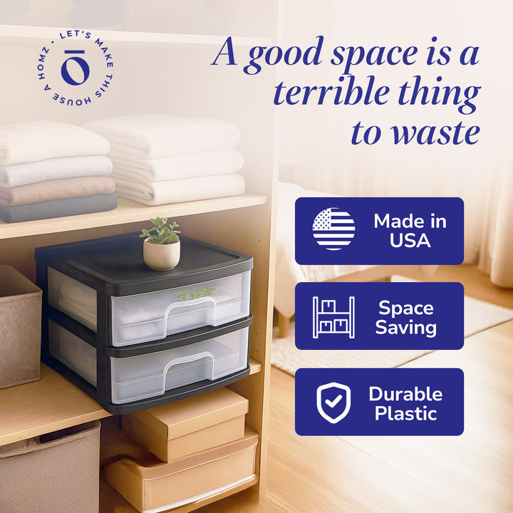 Homz Plastic 2 Drawer Medium Storage Cart, Black w/ Clear Drawer, 2pk (Open Box)