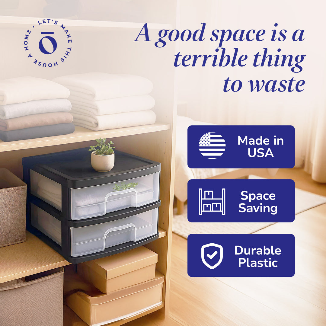 Homz Plastic 2 Drawer Medium Storage Cart, Black w/ Clear Drawer, 2pk (Open Box)