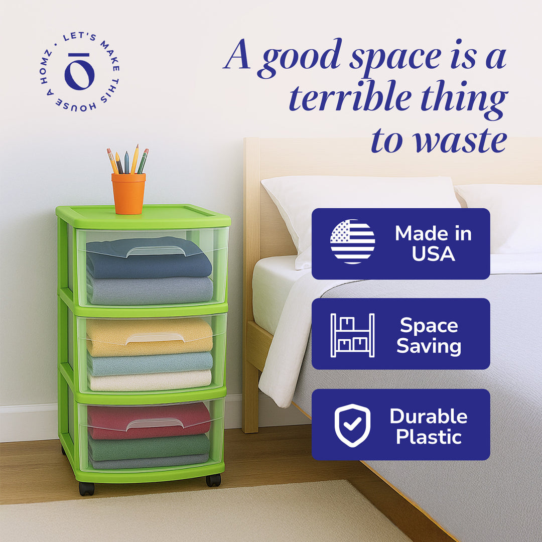 Homz Plastic 3 Drawer Storage Container Tower, Clear Drawers/Lime Frame (Used)