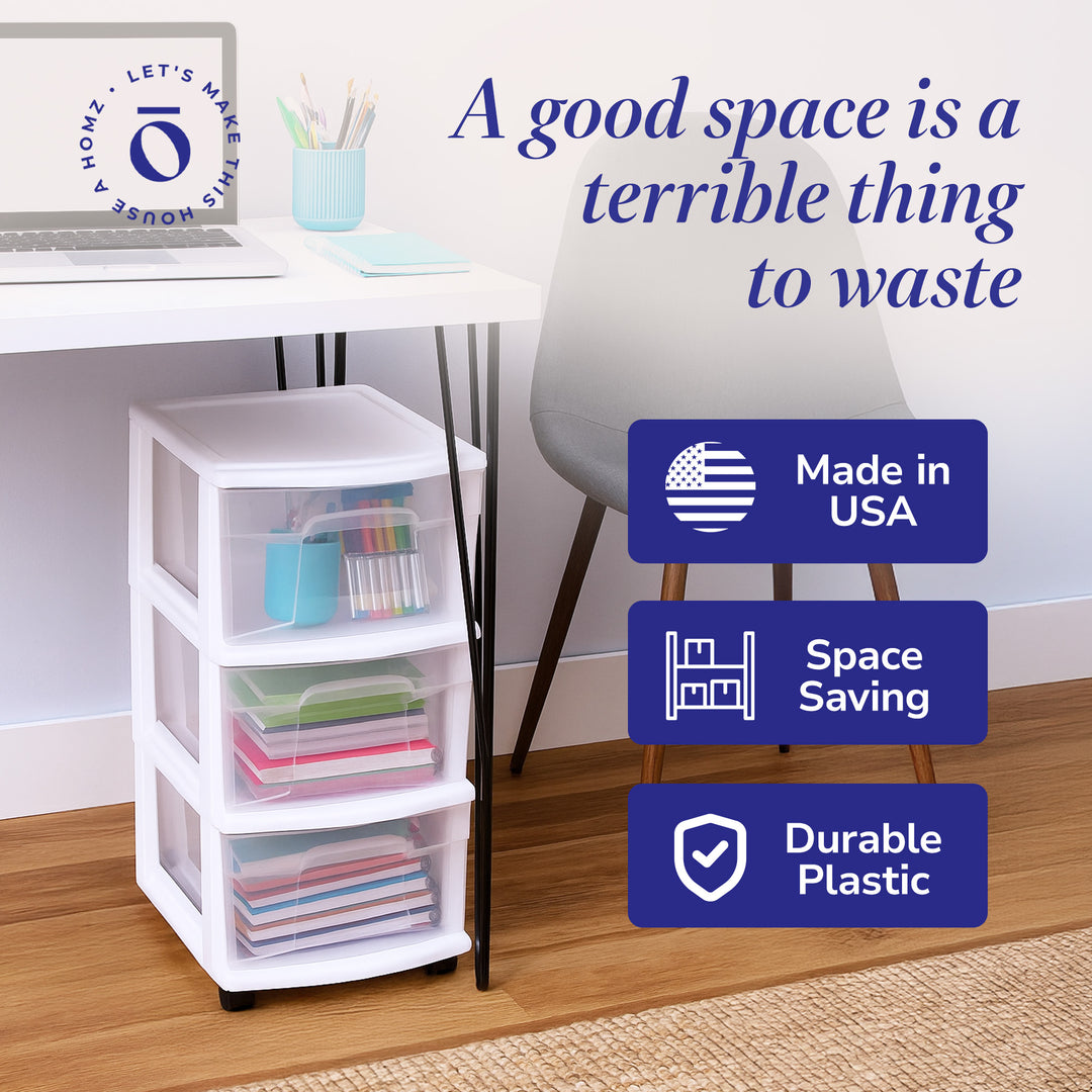 Homz Plastic 3 Drawer Medium Storage Tower, Clear Drawers/White Frame (2 Pack)