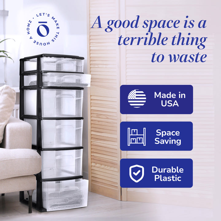 Homz Plastic 6 Clear Drawer Home Storage Container Tower, Black/Clear (2 Pack)