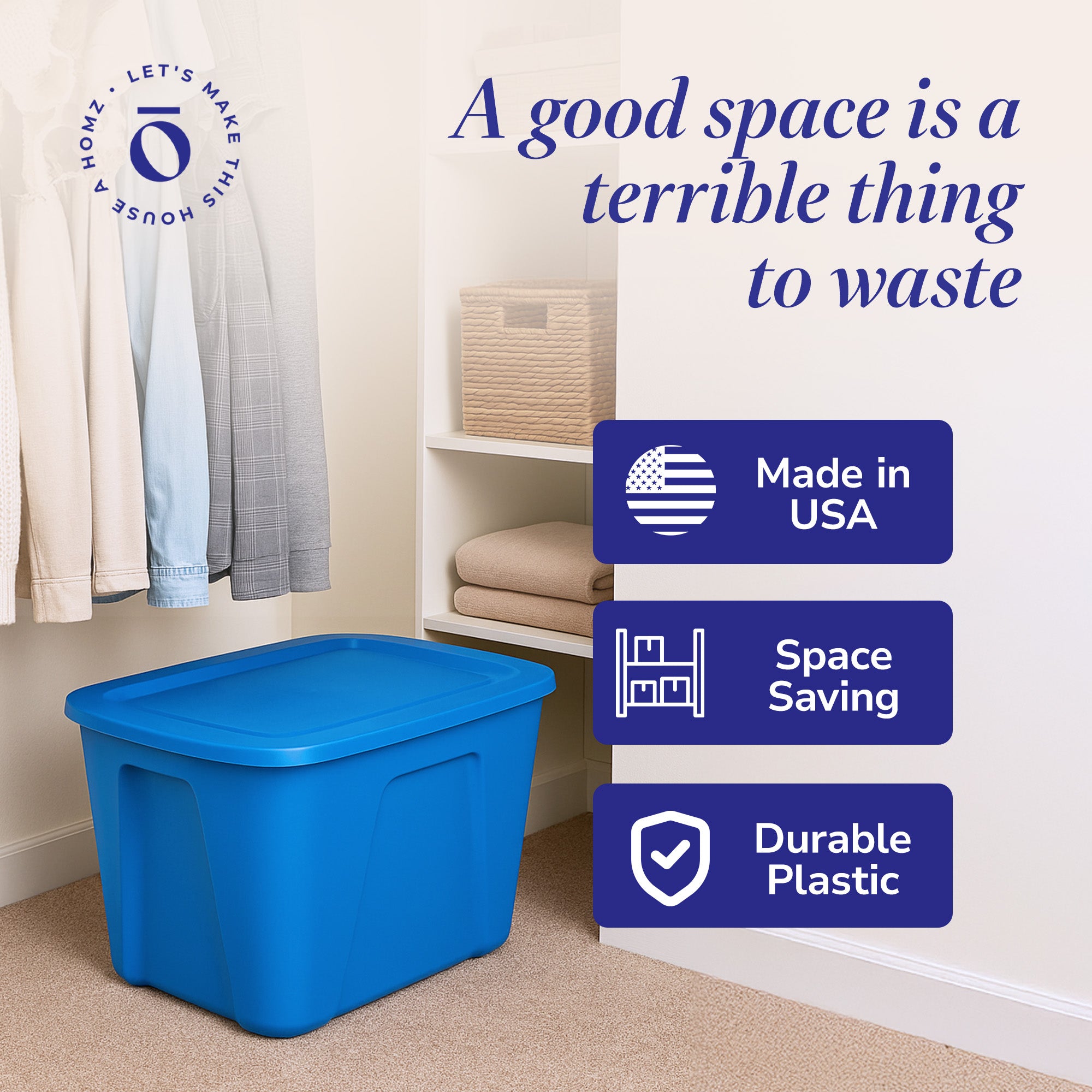Homz 18 Gallon Standard Plastic Storage Container with Secure Lid, Blue, 4 Pack