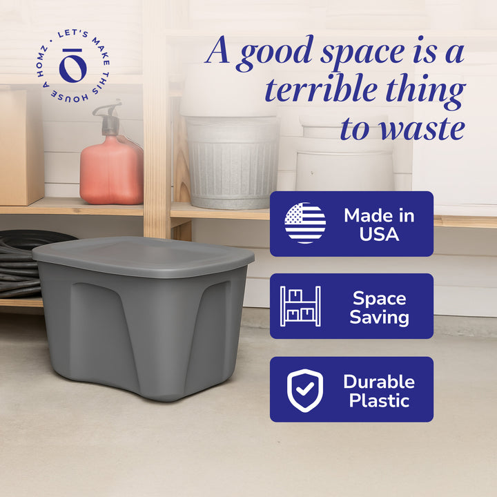 Homz 18-Gallon Stackable Plastic Storage Tote Container with Snap-On Lid, 8 Pack