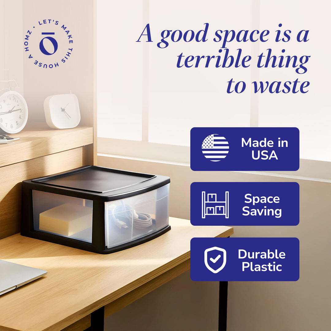 Homz Plastic 1 Drawer Wide Storage Cart, Black with Clear Drawer, 2pk (Open Box)