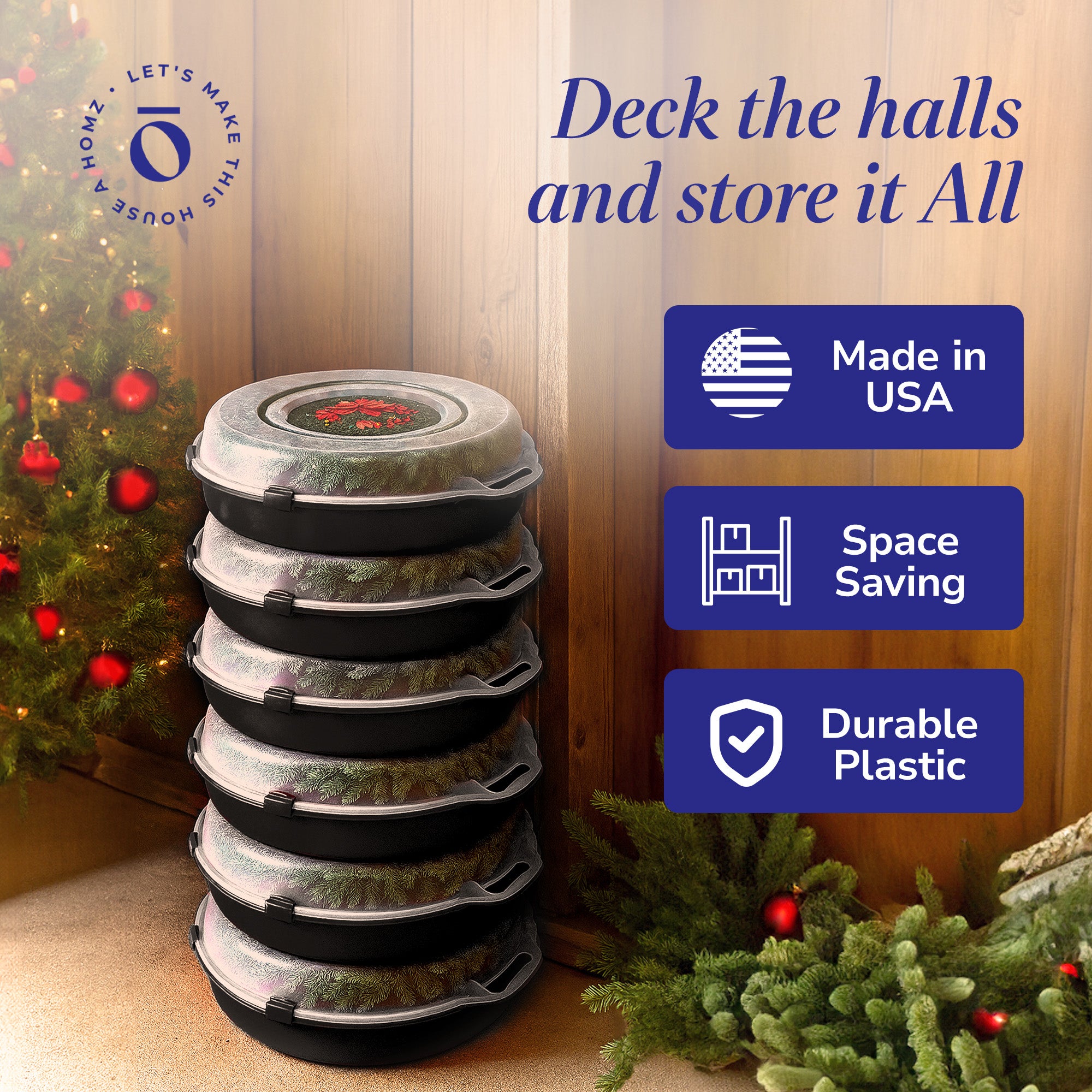 Homz 24 In Seasonal Holiday Christmas Plastic Wreath Storage Box, Black (6 Pack) - VMInnovations