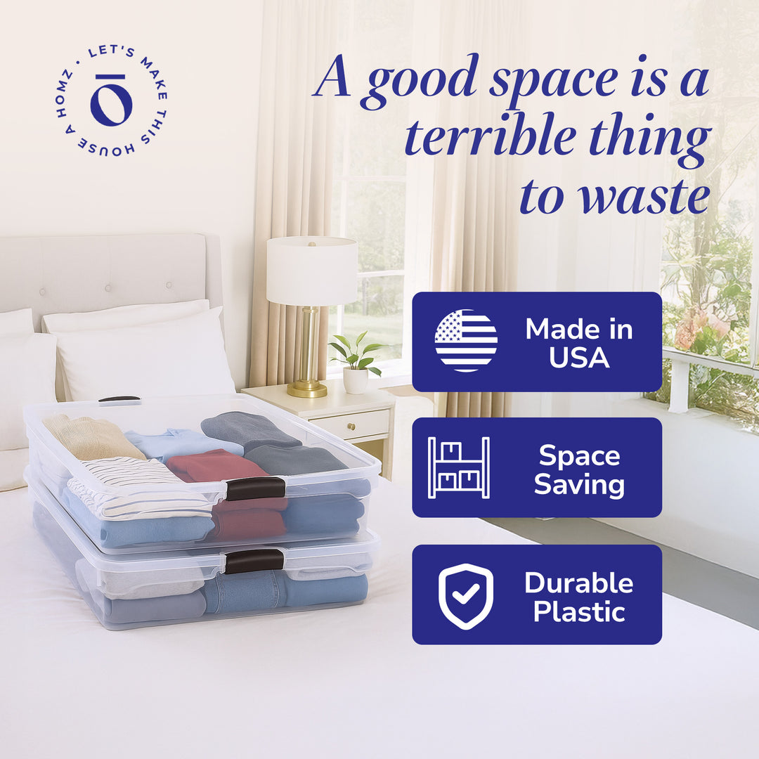 Homz 56 Qt Full/Queen Underbed Clear Plastic Latching Storage Container, 2 Pack