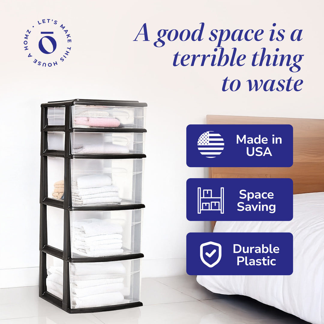 Homz Plastic 5 Clear Drawer Medium Home Storage Container, Black Frame (Used)