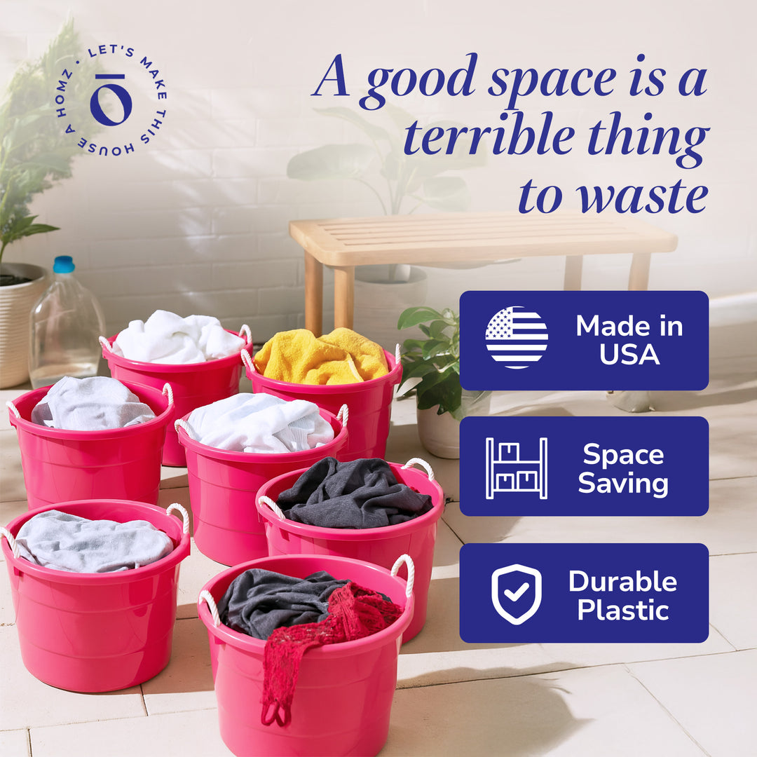 Homz Plastic 18 Gallon Utility Bucket Tub Container with Handles, Pink (6 Pack)