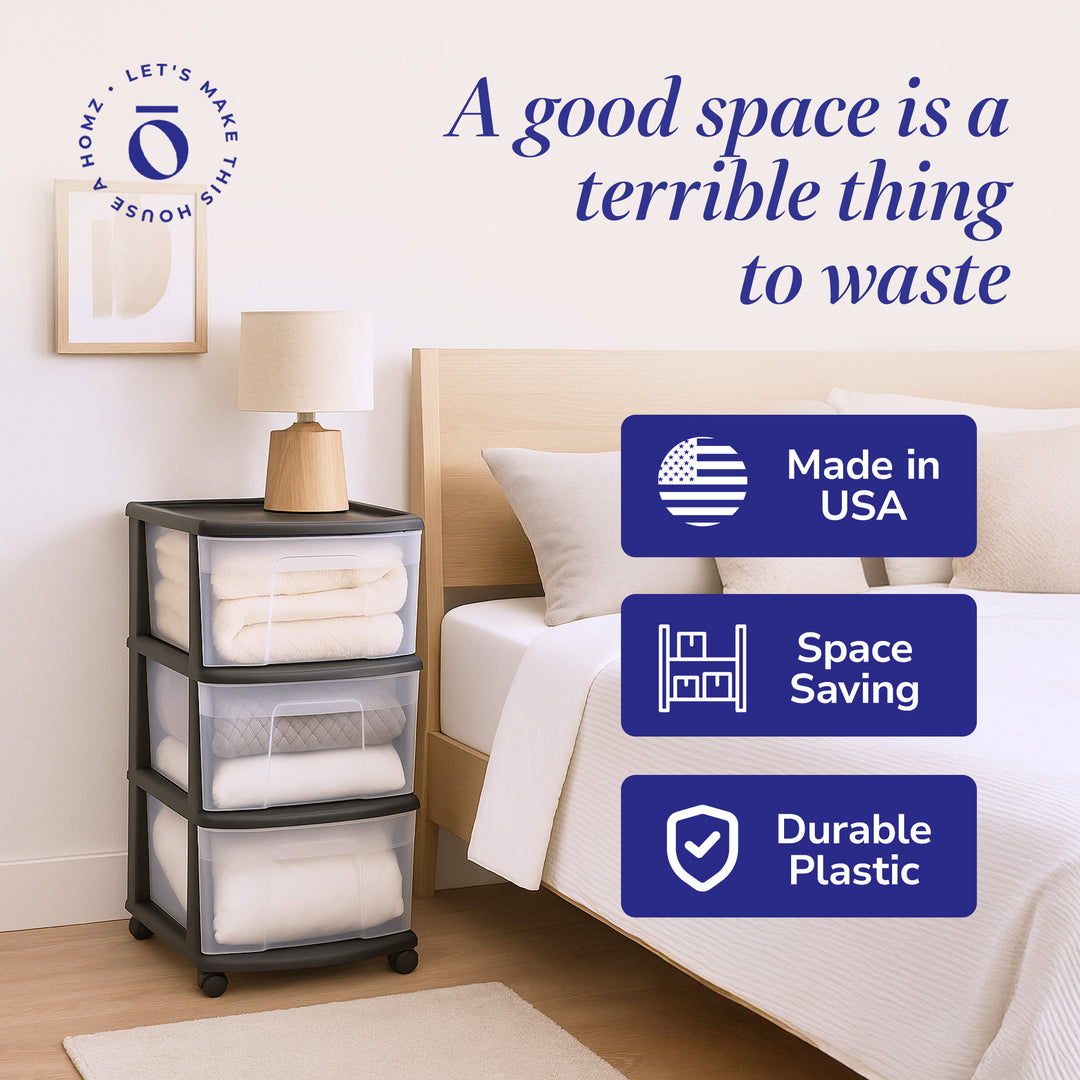 Homz Plastic 3 Drawer Medium Home Storage Container, Clear Drawers & Black Frame - VMInnovations