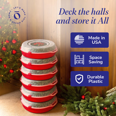 Homz 24 Inch Seasonal Holiday Christmas Plastic Wreath Storage Box, Red (6 Pack)