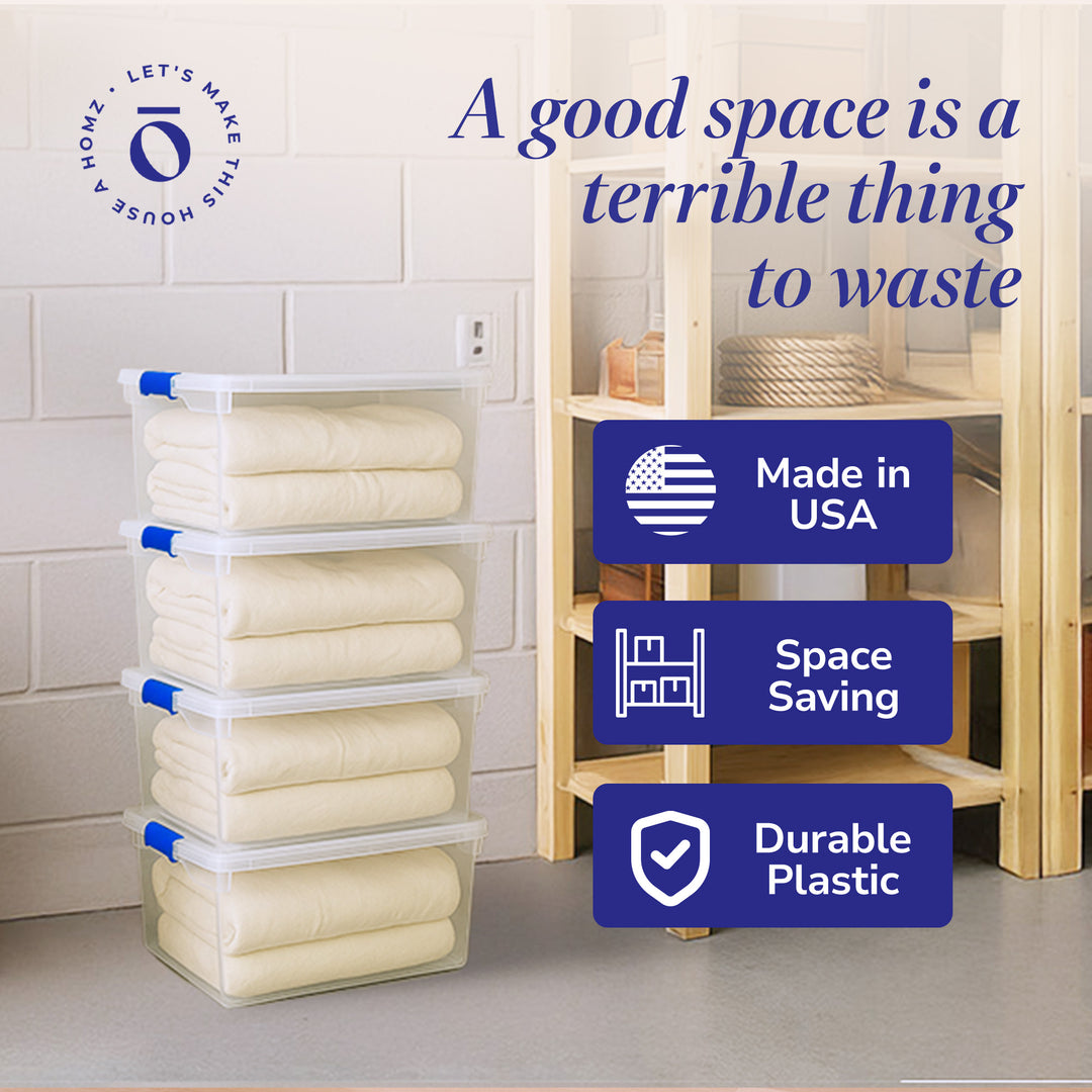 Homz 66-Quart Clear Plastic Stackable Storage Containers w/ Latch Lid, 4 Pack