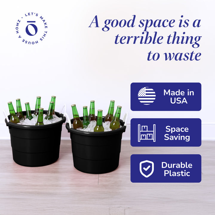 Homz 18 Gallon Plastic Utility Storage Bucket Tub w/ Rope Handles, Black, 6 Pack