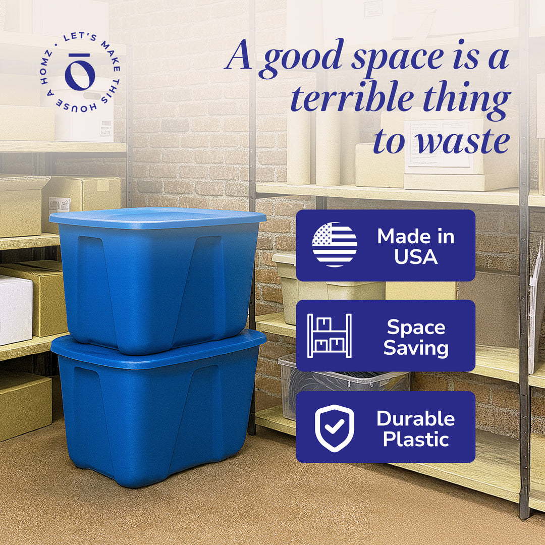 Homz 32 Gallon Standard Plastic Storage Container with Secure Lid, Blue, 2 Pack - VMInnovations