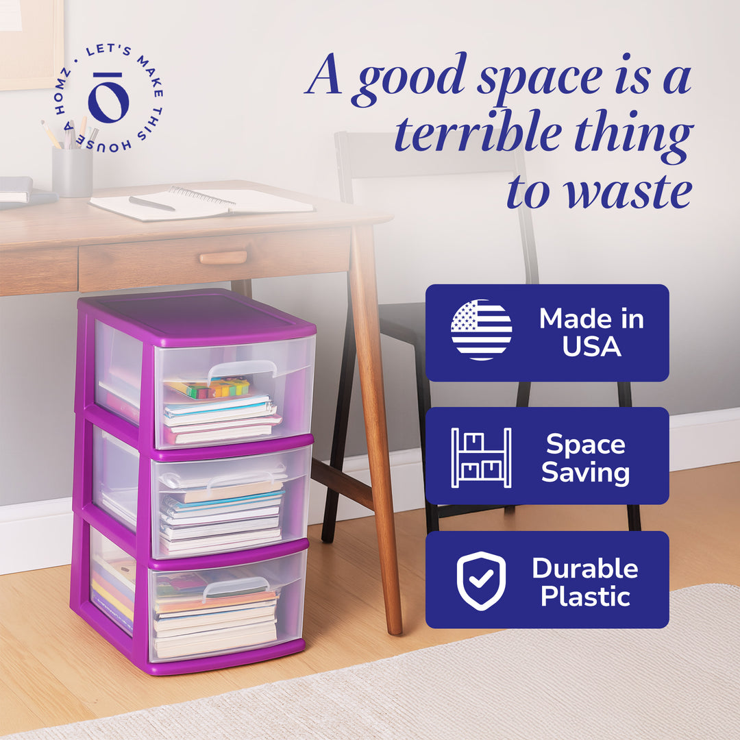 Homz Plastic 3 Drawer Medium Storage Container Tower, Purple Frame (2 Pack)