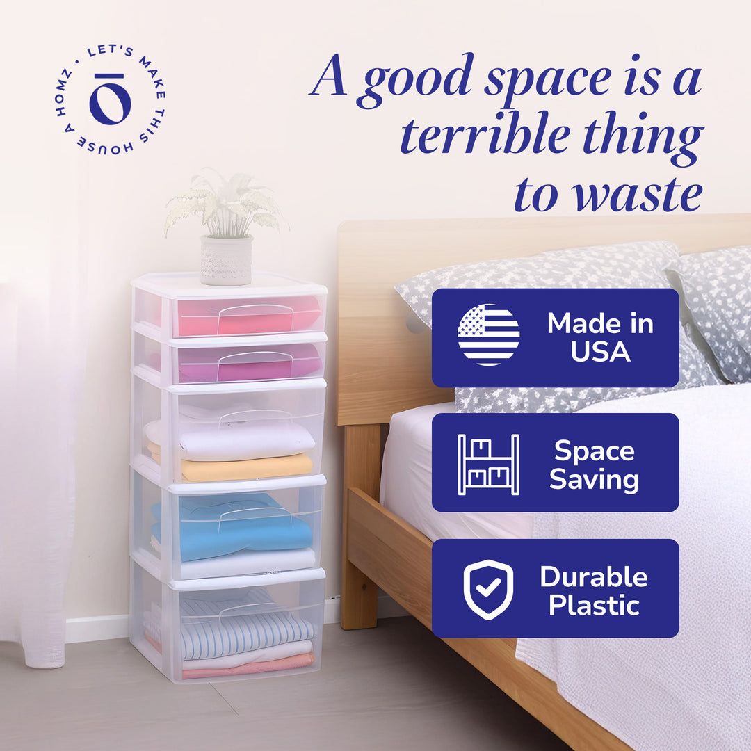 Homz Clear Plastic 5 Drawer Home Storage Container Tower, White (2pk) (Open Box)