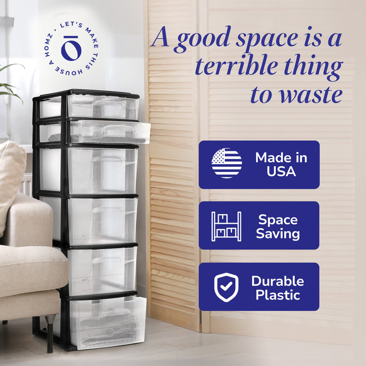 Homz 6-Drawer Plastic Bedroom & Closet Organizer Storage, Clear/Black Frame