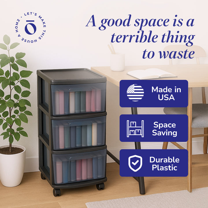 Homz 25" Black Tall Solid Plastic 3 Drawer Wheeled Home Storage Organizer Cart