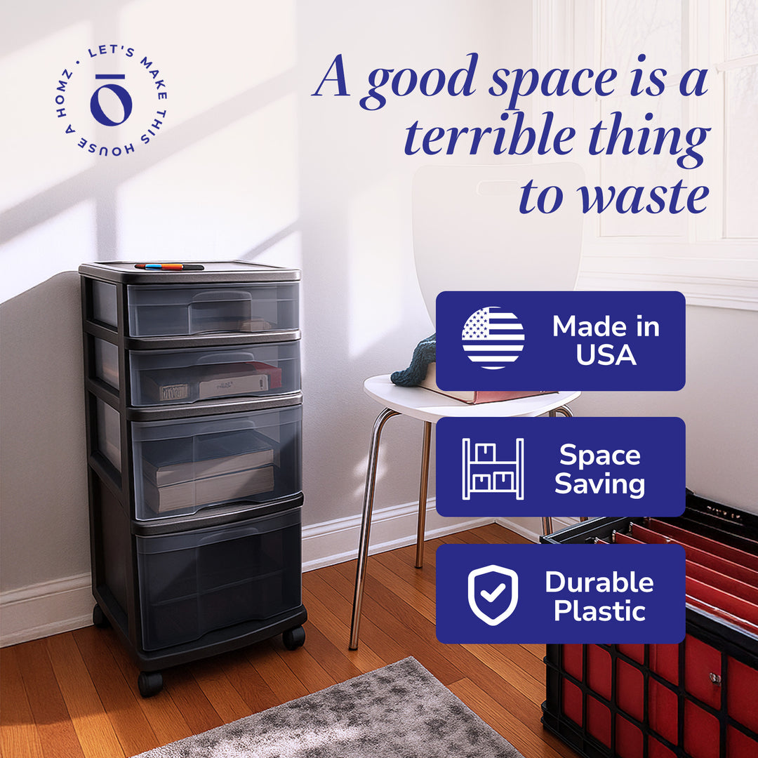 Homz Tall Solid Plastic 4 Drawer Medium Storage Cart with Caster Wheels, Black - VMInnovations