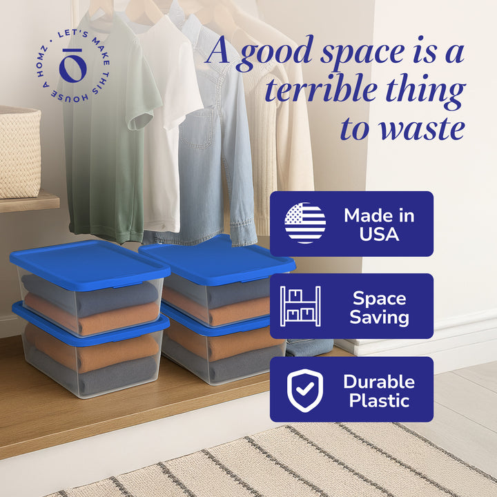 Homz 12 Qt Stackable Plastic Storage Container w/ Snaplock Lid, Blue (4 Pack)