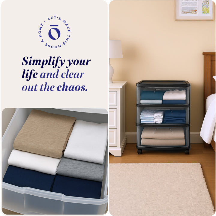 Homz Tall Plastic 3 Drawer Medium Storage Cart with Wheels, Black (Open Box) - VMInnovations