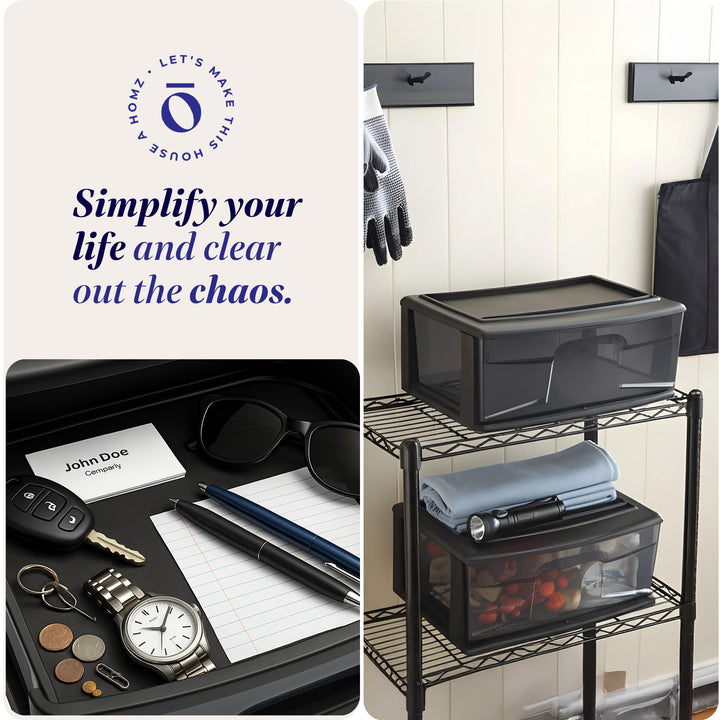 Homz Plastic 1 Drawer Wide Storage Cart, Black Frame with Smoke Drawer, 2 Pack