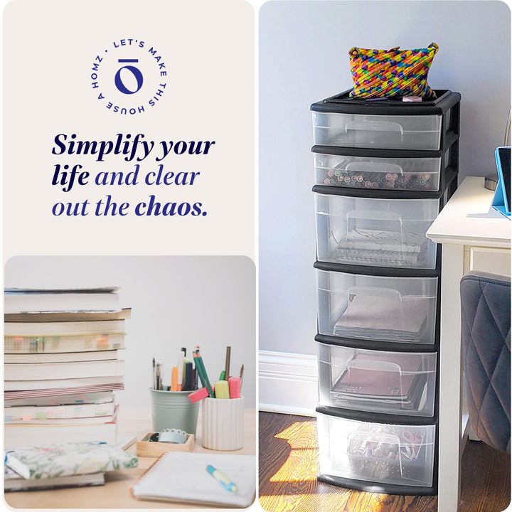 Homz Plastic 6 Clear Drawer Medium Home Container Tower, Black Frame (Used)