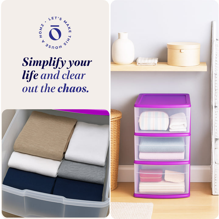 Homz Plastic 3 Drawer Medium Storage Container Tower, Purple Frame (2 Pack)