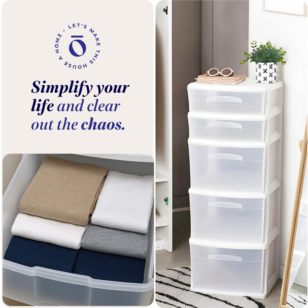Homz Clear Plastic 5 Drawer Home Storage Container Tower, White (2pk) (Open Box)